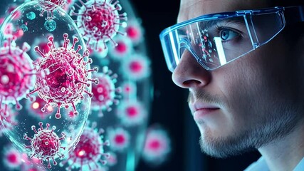 Poster - A researcher examines digital simulations of viruses in modern laboratory