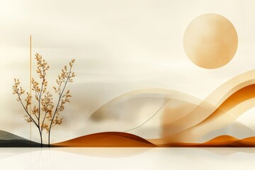 Wall Mural - Warm sunset over gentle hills with delicate trees embracing tranquility in a serene landscape