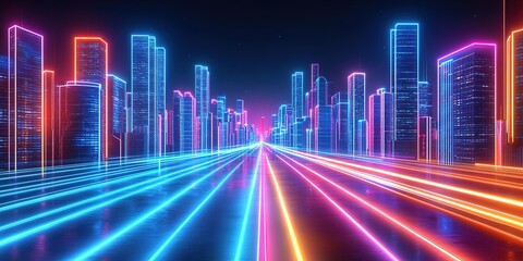 Poster - Futuristic city skyline with neon lights and glowing road at night capturing a vibrant urban atmosphere