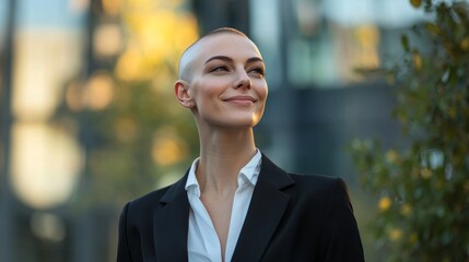 Poster - A woman with a shaved head is smiling and wearing a black suit