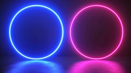 Poster - Neon Circle Frame Animation, vibrant blue and pink hues swirl in motion, creating a dynamic empty central space, perfect for showcasing digital content or branding elements.