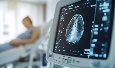 Aufkleber - Medical monitor displaying an MRI scan of a brain with a patient in the background.