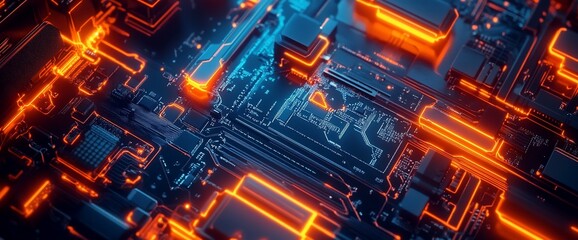 Poster - Futuristic circuit board with glowing elements, symbolizing advanced technology.