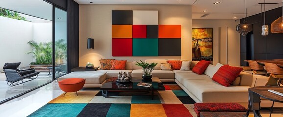 Poster - Modern living room with colorful decor and comfortable seating.