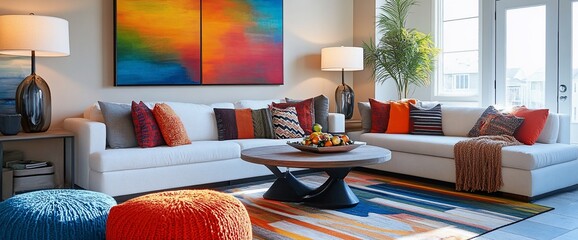 Poster - Modern living room with colorful decor and cozy furnishings.