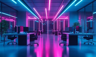 Poster - Modern office space illuminated with neon lights for a vibrant atmosphere.