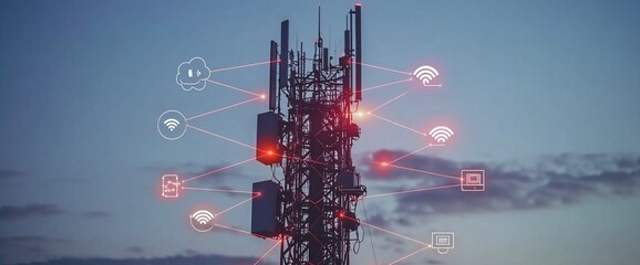 Aufkleber - Telecommunications tower with digital icons representing connectivity.