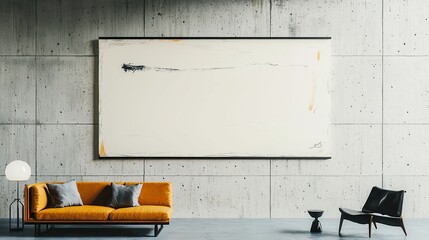 Poster - Minimalist white poster on a textured concrete wall, enhancing a modern living room atmosphere, featuring a stylish 3D illustration for contemporary home decor.