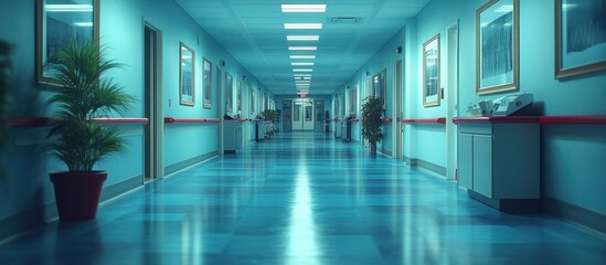 Wall Mural - Long, empty hospital corridor with teal walls, red handrails, and potted plants.