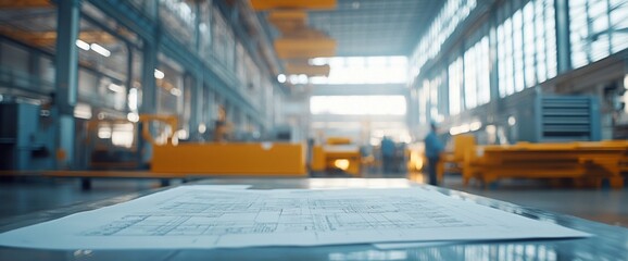 Poster - A blueprint on a table in a bright industrial workspace.