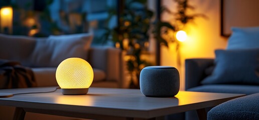Aufkleber - A cozy living room scene featuring a glowing lamp and a smart speaker.