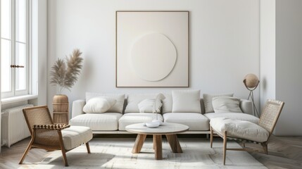 Sticker - A sophisticated and airy living room design featuring a white canvas backdrop, Elegantly arranged minimal furniture, Minimalist urban jungle style