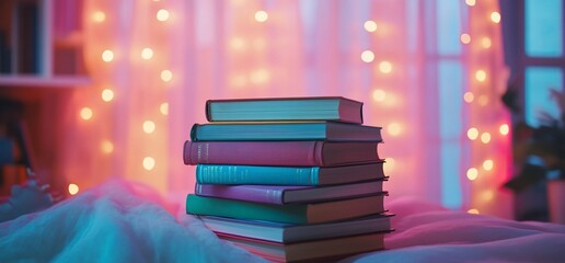 Aufkleber - A cozy stack of books on a bed with soft lighting and a dreamy atmosphere.