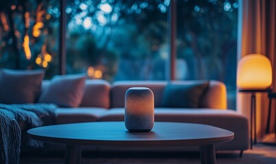 Poster - A cozy living room with a smart speaker on a coffee table in soft lighting.