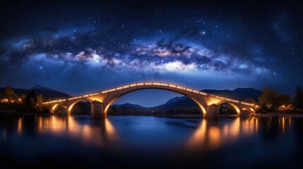 Wall Mural - A bridge over a river with a beautiful night sky. The bridge is lit up and the stars are visible