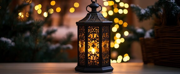 Wall Mural - A decorative lantern casting a warm glow amidst soft, festive lights.