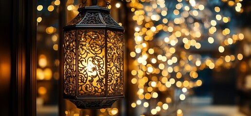 Poster - A decorative lantern glowing amidst a backdrop of soft, blurred lights.