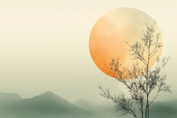 Wall Mural - Vibrant sunset over misty mountains with delicate tree silhouette in tranquil landscape