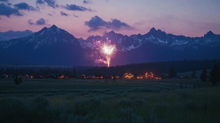 Aufkleber - A vibrant firework display illuminates a mountain landscape at dusk, amidst a serene village.