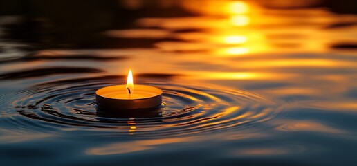 Aufkleber - A lit candle floats on water, reflecting warm sunset colors.