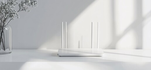 Aufkleber - A minimalist setting featuring a white wireless router on a clean surface.