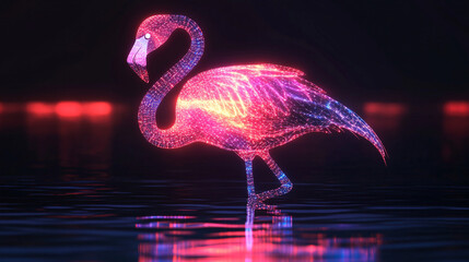 Wall Mural - A cyber flamingo icon glowing with social behavior data, representing online wildlife photography platforms, digital conservation tools, and virtual birdwatching resources. 