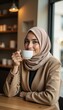 © Alvin - Fashionable hijab-wearing woman sipping coffee in modern café with soft lighting