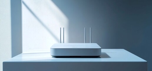 Aufkleber - A modern white router placed on a table, illuminated by soft light.