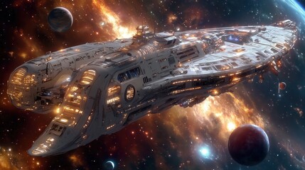 Wall Mural - A large spaceship is flying through space with a bright orange planet in the background. The ship is surrounded by many stars and planets, creating a sense of vastness and wonder