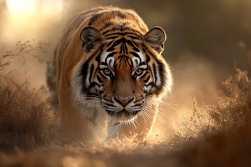  Tiger walks through golden grass during sunset in the wild, showcasing its majestic presence and vibrant colors