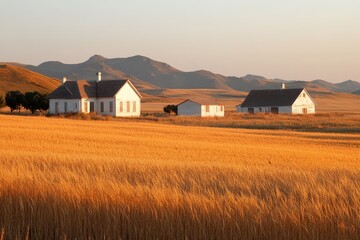 Canvas Print - Golden wheat fields surround rustic houses under a warm sunset in a tranquil countryside landscape