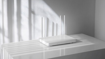 Aufkleber - A sleek white router on a minimalist table, illuminated by soft shadows.