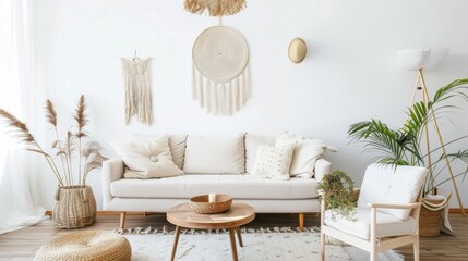 Sticker - A sophisticated and airy living room design with a white canvas backdrop, Strategically arranged minimal furniture, Minimalist bohemian style