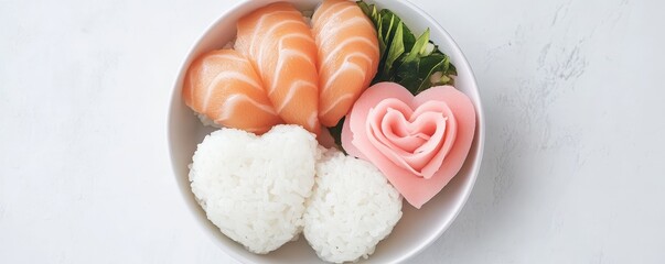 Wall Mural - A visually appealing bowl featuring heart-shaped sushi rice, salmon slices, and pink fish, perfect for a romantic meal or special occasion.