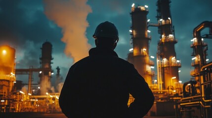 Poster - A man in a black jacket stands in front of a large industrial plant