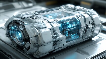 Poster - Futuristic white energy core container with glowing blue internal components.