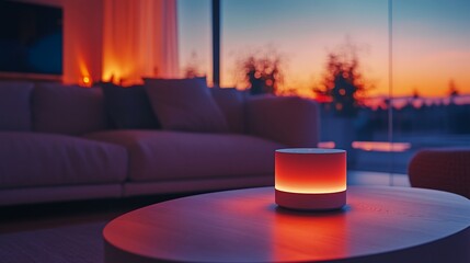 Poster - Cozy living room with a glowing lamp and a vibrant sunset view.