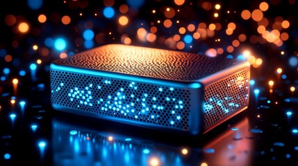 Poster - Futuristic server glowing with blue and orange lights on dark background.