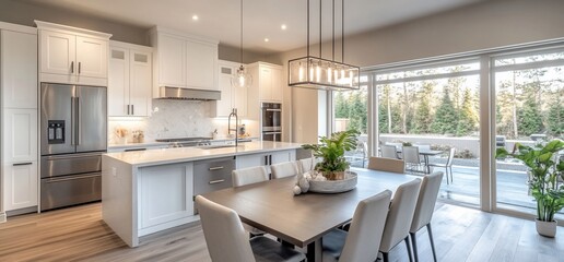 Poster - Modern kitchen and dining area with large windows and natural light.