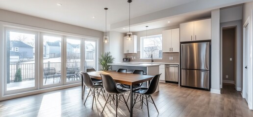 Poster - Modern kitchen and dining area with large windows and wooden table.