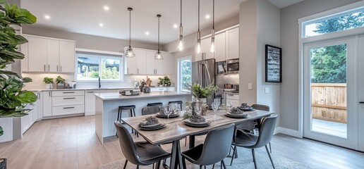 Poster - Modern kitchen and dining area with stylish decor and natural lighting.