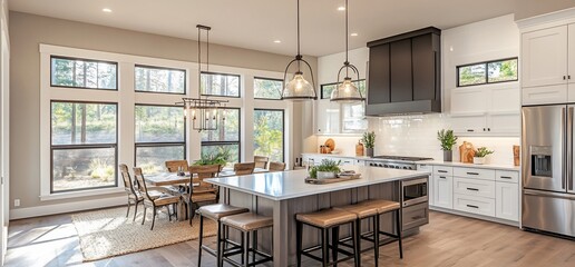 Poster - Modern kitchen with island, dining area, and large windows for natural light.
