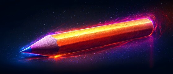 Poster - A vibrant pencil with a glowing neon effect, set against a dark cosmic background, creating a futuristic and creative atmosphere.