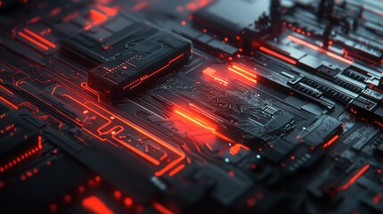 Aufkleber - Abstract close-up of a futuristic circuit board with glowing red elements.