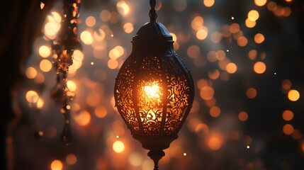 Poster - A beautifully designed lantern emits warm light against a blurred background.