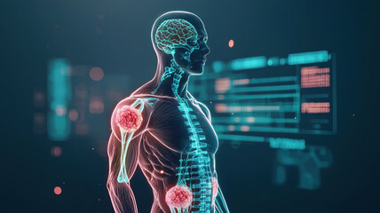 Poster - digital representation of human figure showcasing brain and skeletal structure, highlighting shoulders and spine with glowing elements. This emphasizes connection between anatomy and technology