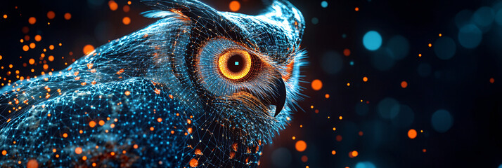 a cyber owl icon glowing with nocturnal activity data, representing online wildlife observation plat