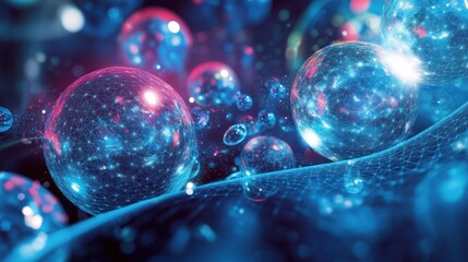 Fototapete - Abstract representation of molecular structures with glowing spheres and a network background.