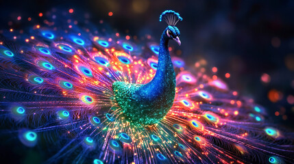 Wall Mural - A cyber peacock icon glowing with feather display metrics, representing online wildlife observation platforms, digital birdwatching tools, and conservation initiatives. 