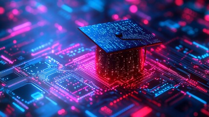 Poster - A digital graduation cap on a circuit board, symbolizing tech education.